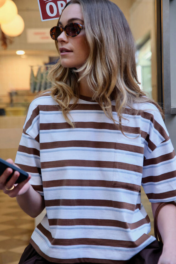 Boa Boxy Pocket Tee - White/Choc Stripe