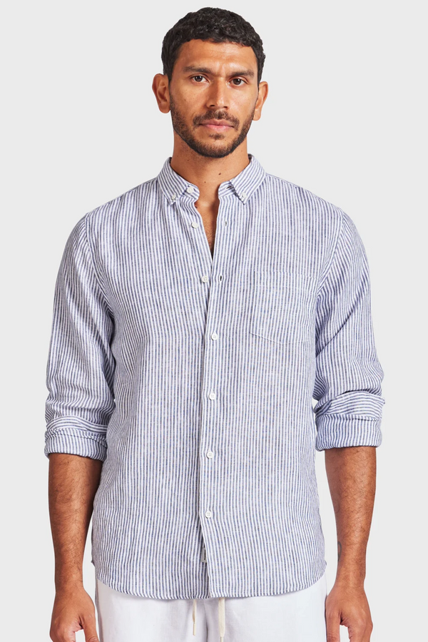 Rory L/S Linen Shirt - Navy Stripe