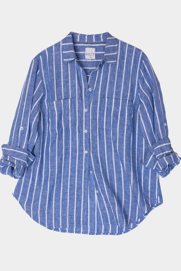 Boyfriend Linen Shirt - Marine Blue Stripe