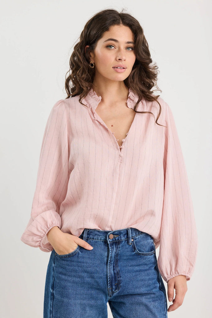 Premise Stripe High Neck Buttoned LS Top - Blush - Armadi - Ivy & Jack - Top