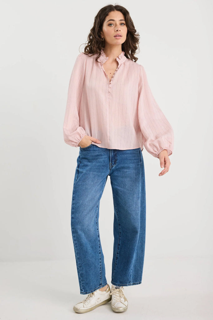 Premise Stripe High Neck Buttoned LS Top - Blush - Armadi - Ivy & Jack - Top