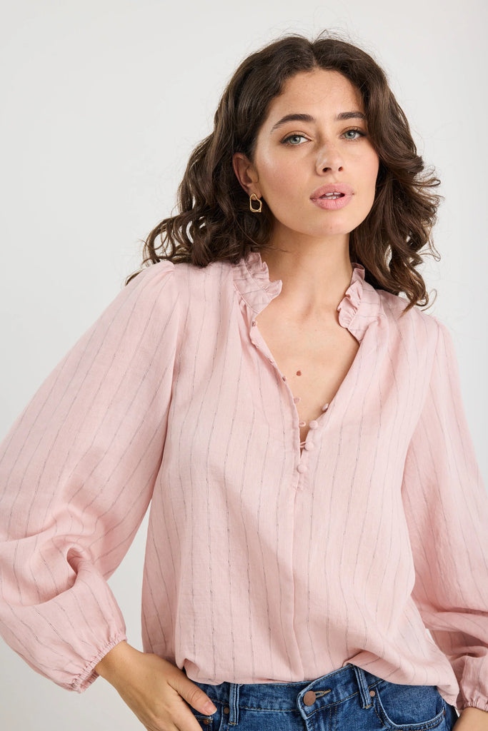 Premise Stripe High Neck Buttoned LS Top - Blush - Armadi - Ivy & Jack - Top