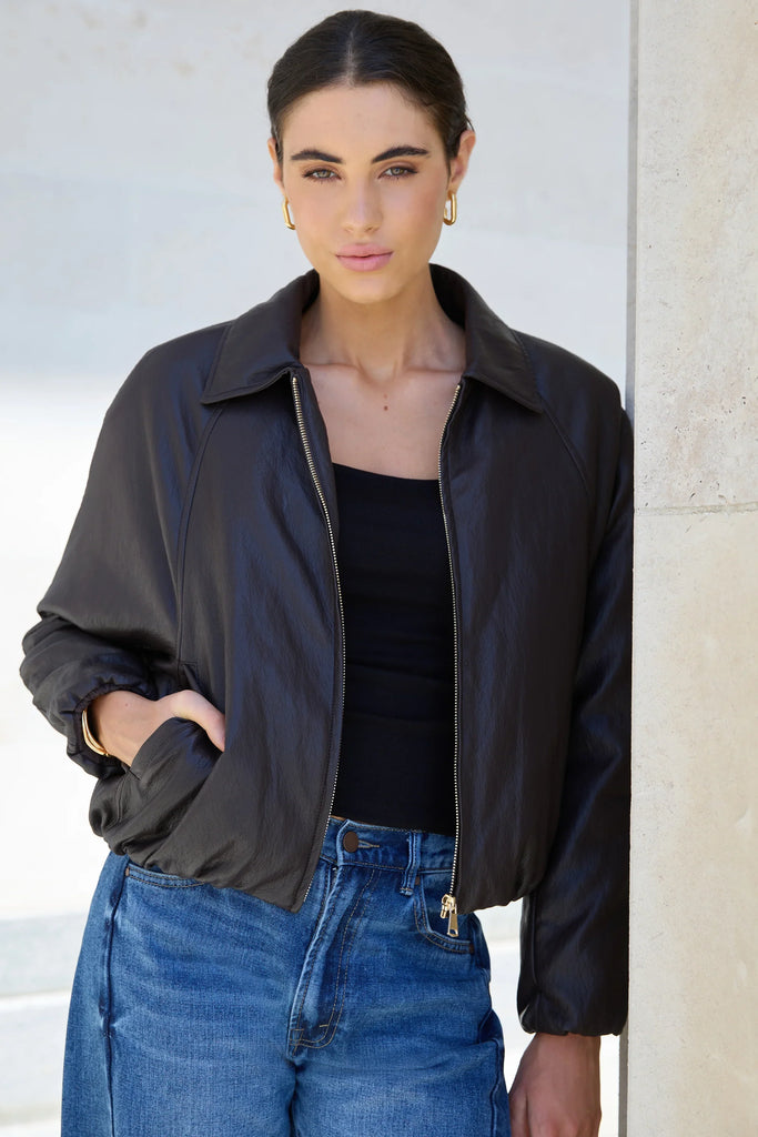 Troupe PU Leather Zip Through Bomber Jacket - Chocolate - Armadi - Stories be Told - Jacket/Coat
