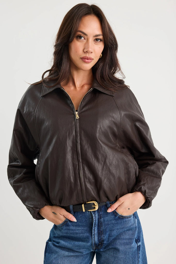 Troupe PU Leather Zip Through Bomber Jacket - Chocolate - Armadi - Stories be Told - Jacket/Coat