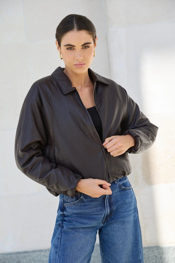 Troupe PU Leather Zip Through Bomber Jacket - Chocolate - Armadi - Stories be Told - Jacket/Coat