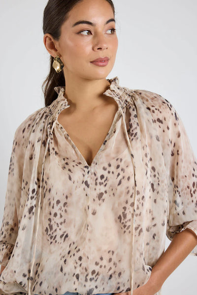 Odyssey Georgette Shirred Neck LS Top - Beige Leopard - Armadi - Among the Brave - Top