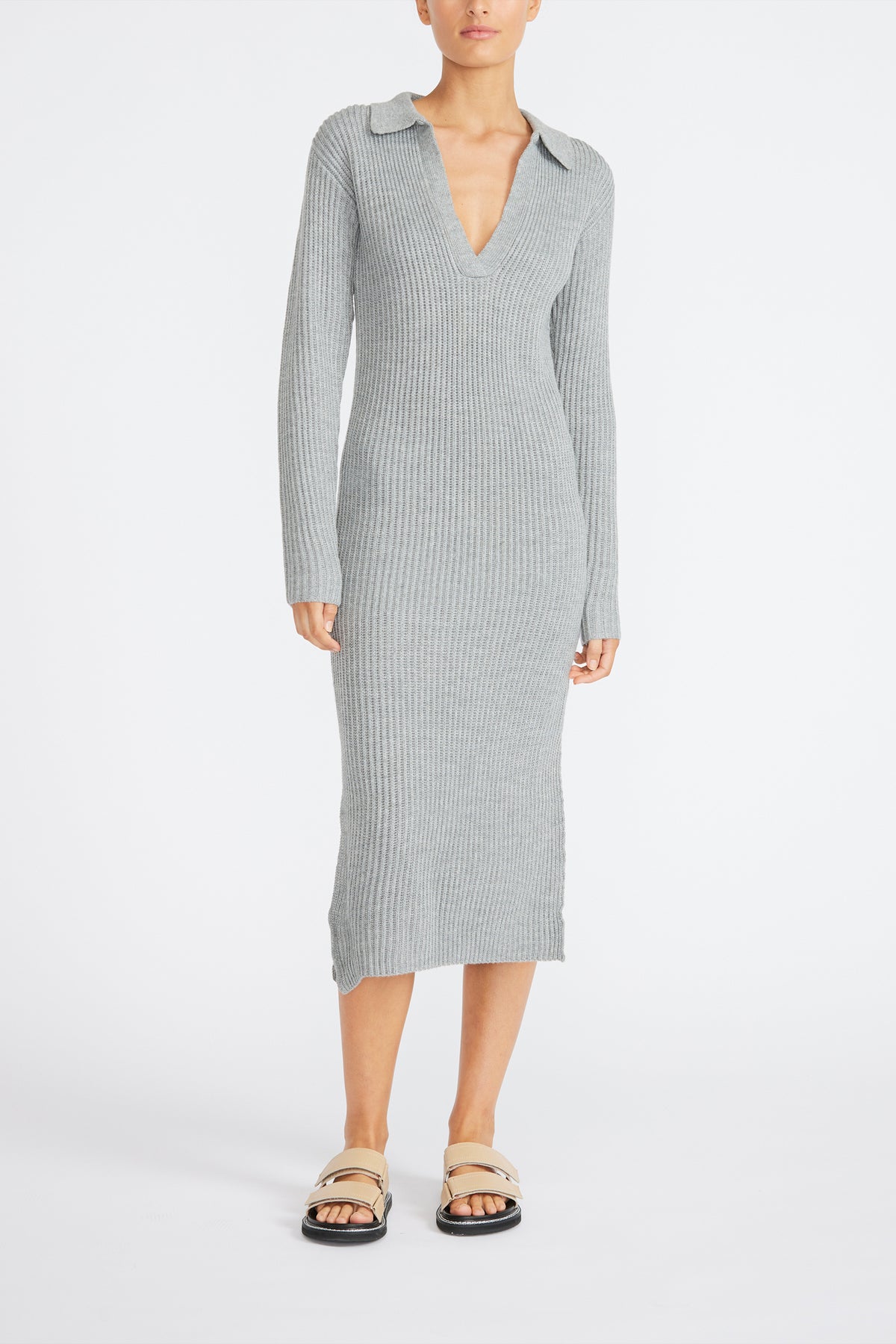 Linea Long Sleeve Rib Knit Midi Dress in Grey Marle